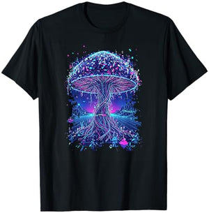 Psychedelic Glitch Mushroom | Cyberpunk Neon Nature Network T-Shirt - T-Shirt | Black