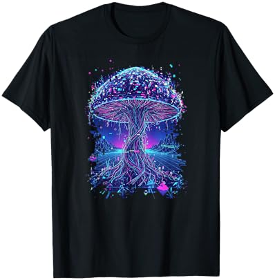 Psychedelic Glitch Mushroom | Cyberpunk Neon Nature Network T-Shirt - T-Shirt | Black