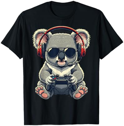 Cute Funny Koala Gamer Gaming Playing Video Games Kids T-Shirt - T-Shirt | Black